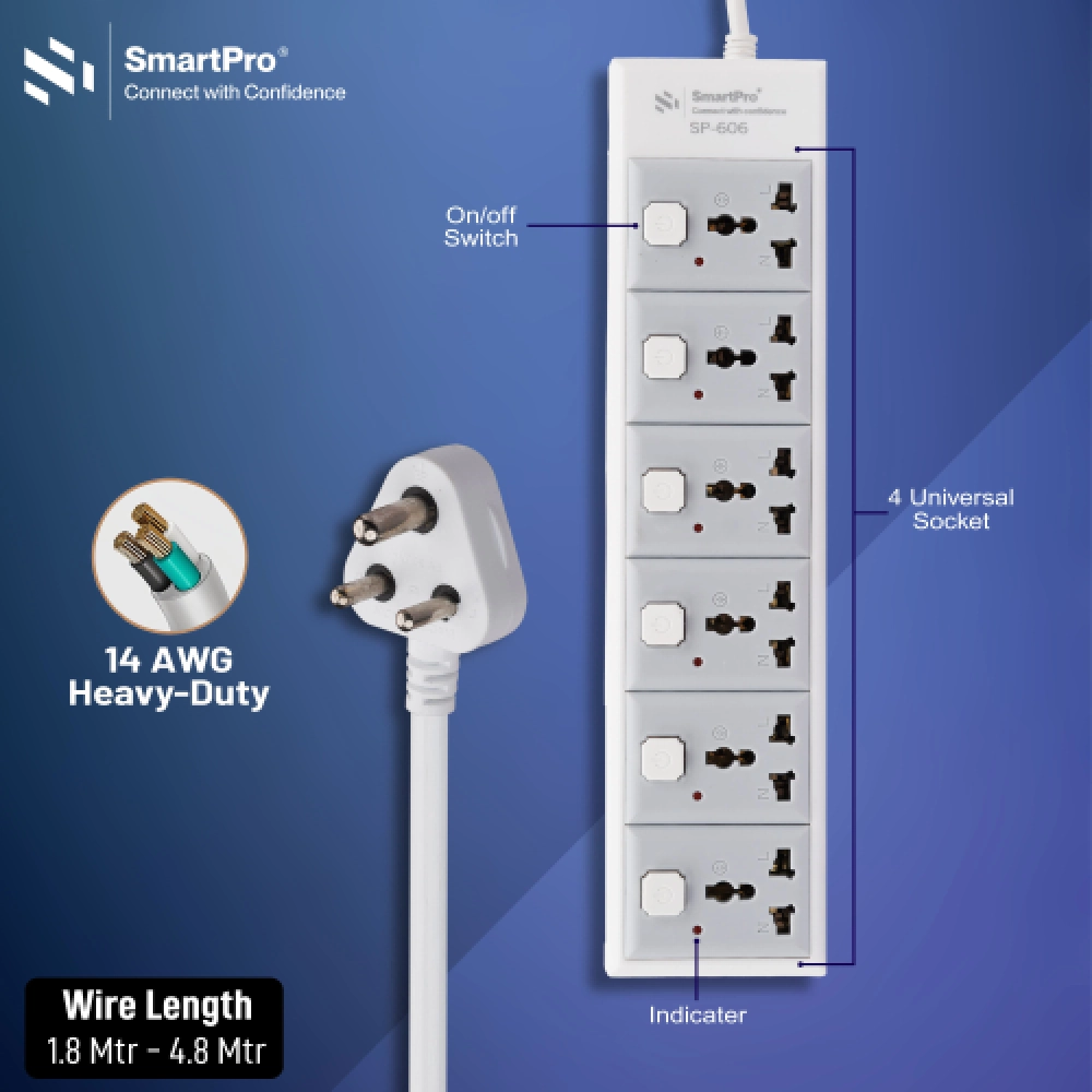 Smart-Pro 6 Socket 6 Switch 1.8m Spike view 2